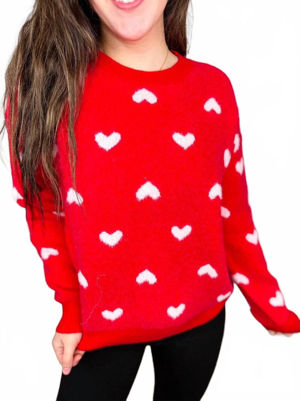 NEW ADORA spinning hearts knit long sleeve sweater top in red